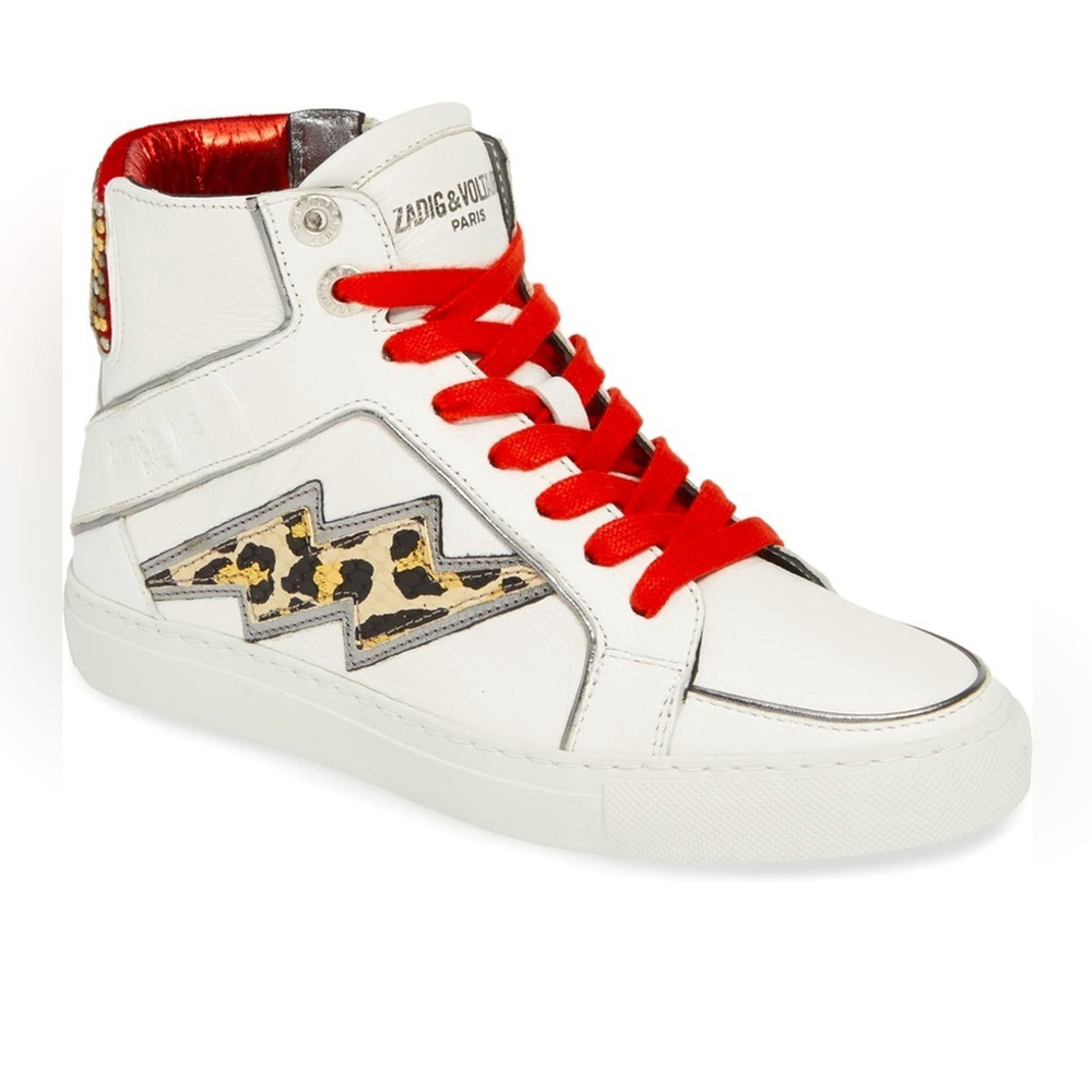Zadig & Voltaire Flash Leo High Top Studded White Red Lightning Sneaker size 37